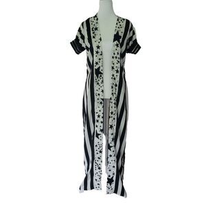 Women Kimono Wrap Kimono Dress Stripes Stars Cover Up Robe Black White